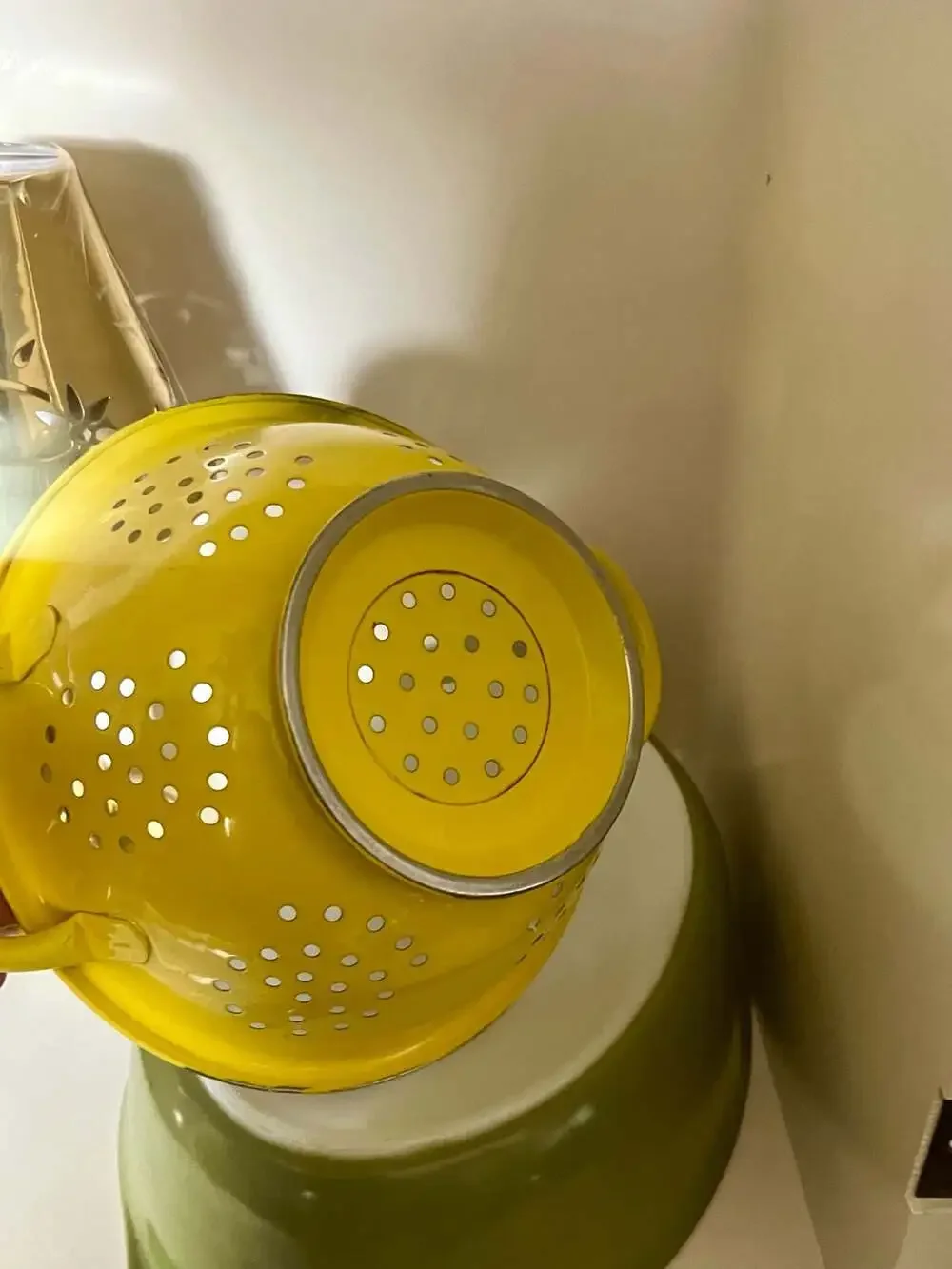 Vintage Yellow Enamelware Pedestal Colander with Black Trim